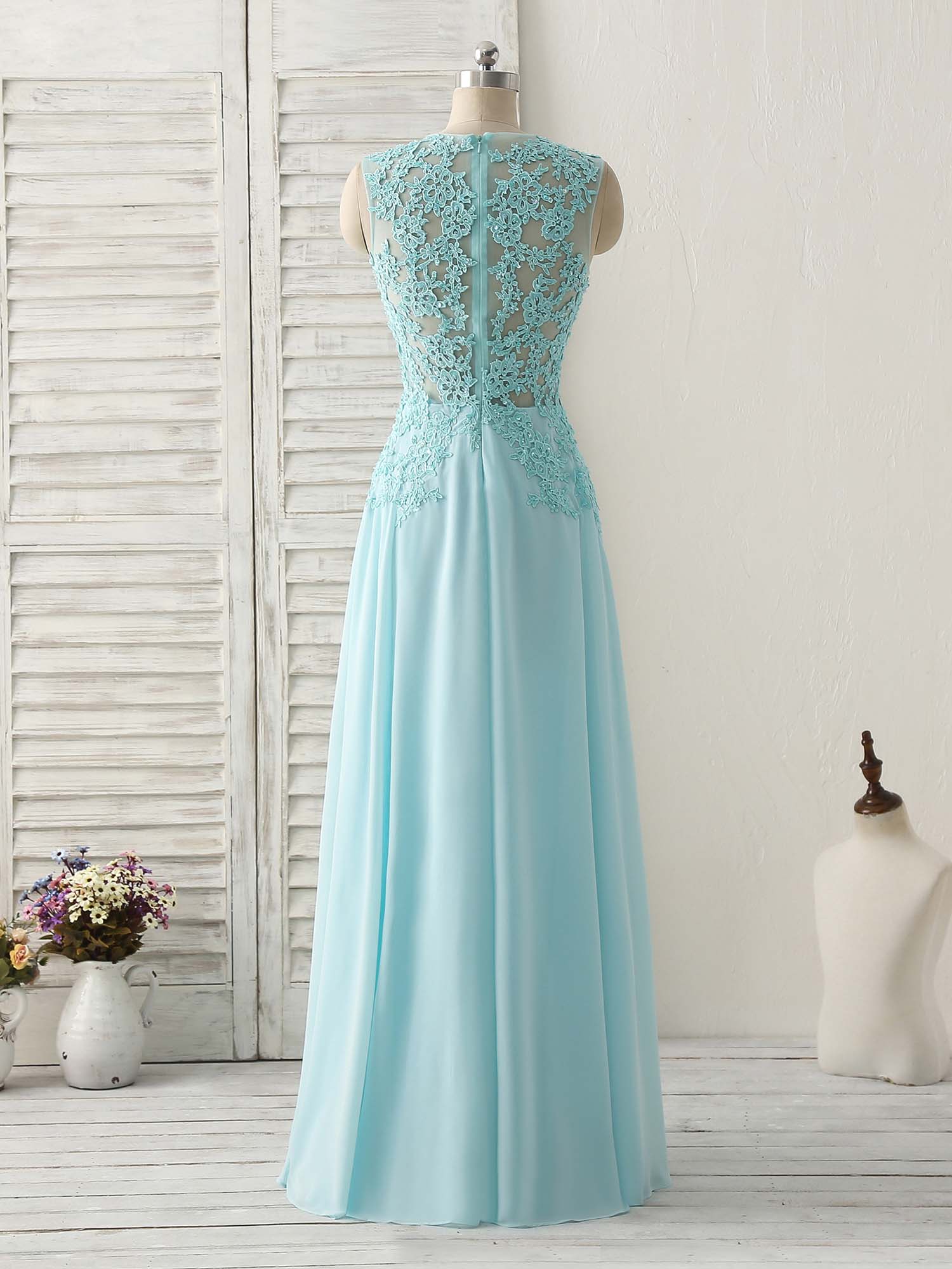 A-line Scoop Neck Floor-Length Chiffon & Lace Prom Dress