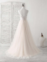 A-Line V-Neck Floor-Length Tulle Prom Dress with Spaghetti Straps