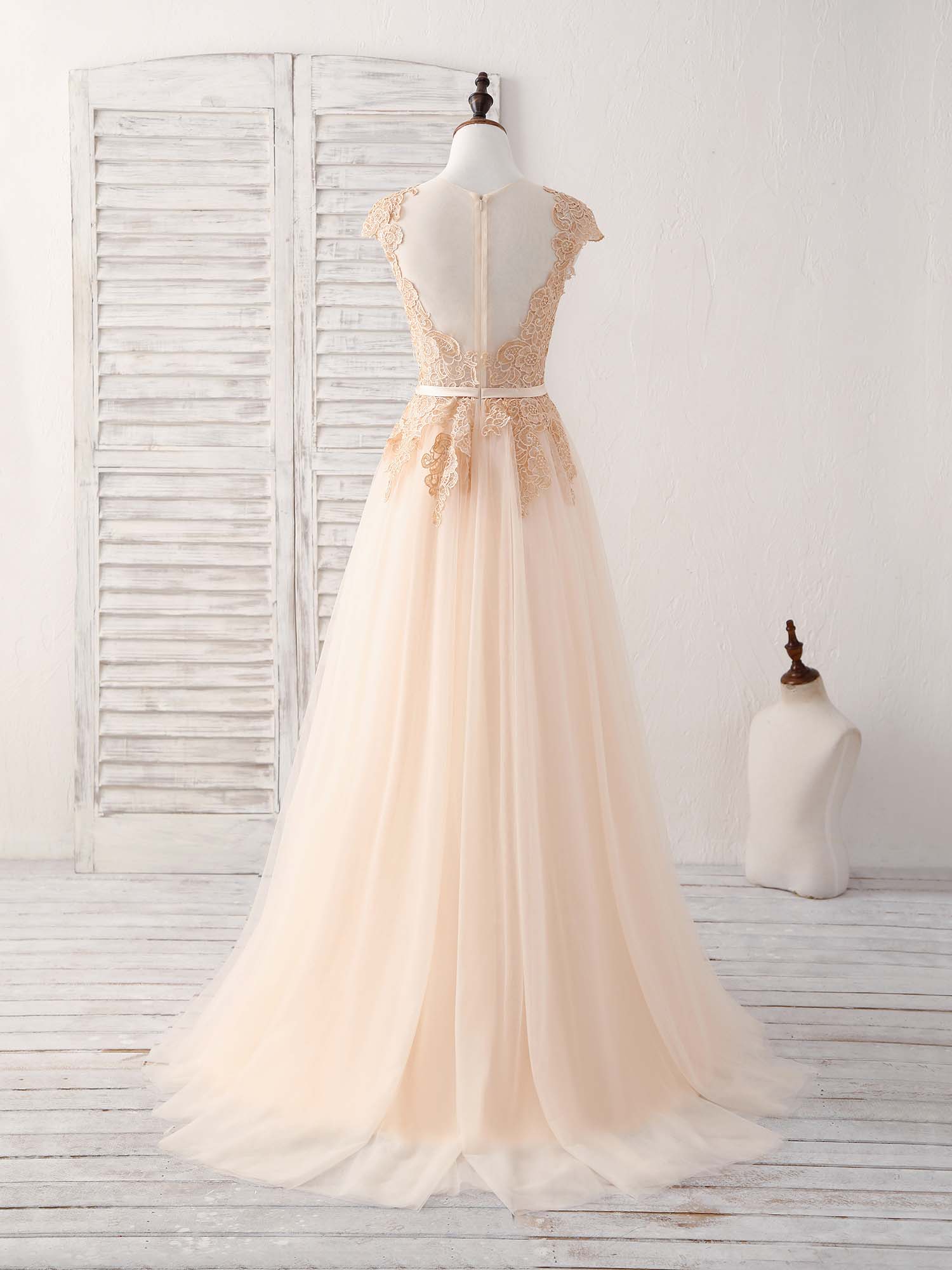 A-line V-Neck Floor-Length Tulle Lace Prom Dress with Embroidered Bodice