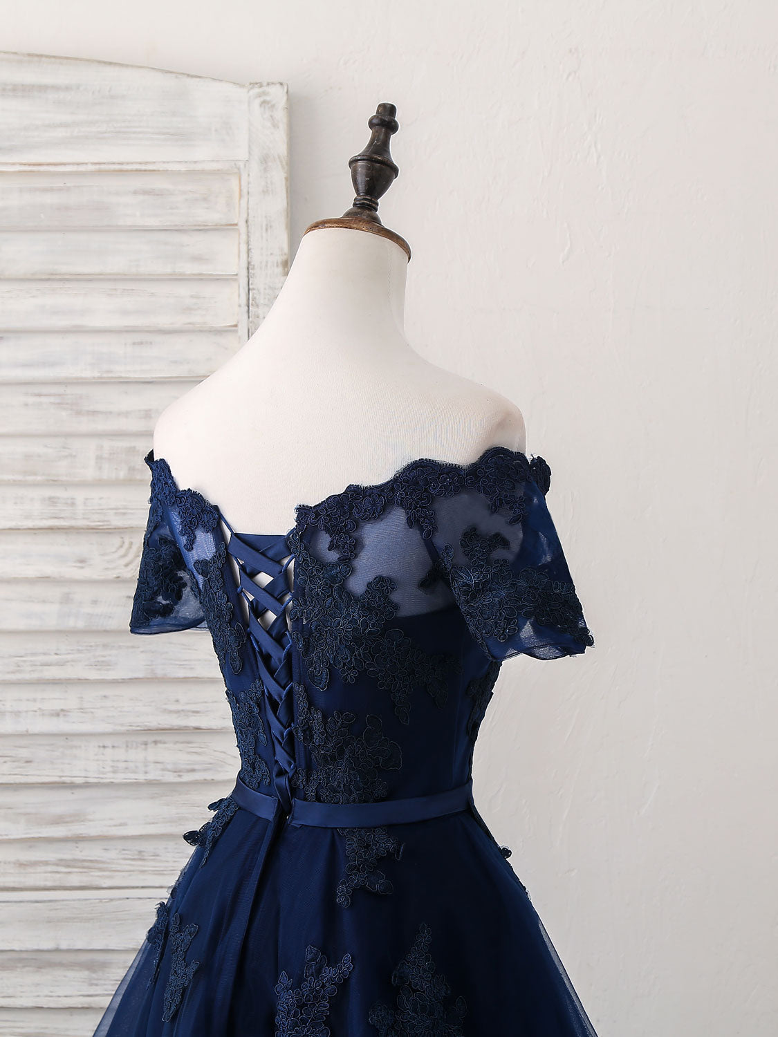 Off-the-Shoulder A-Line High-Low Homecoming Dress with Lace Appliqué