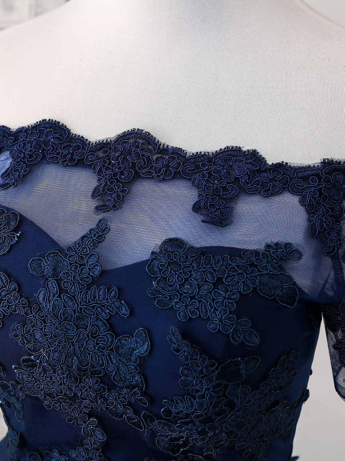 Off-the-Shoulder A-Line High-Low Homecoming Dress with Lace Appliqué