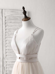 A-Line V-Neck Floor-Length Tulle Prom Dress with Spaghetti Straps