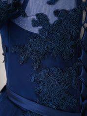 Off-the-Shoulder A-Line High-Low Homecoming Dress with Lace Appliqué