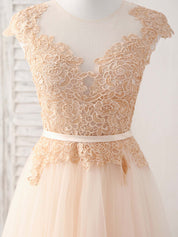 A-line V-Neck Floor-Length Tulle Lace Prom Dress with Embroidered Bodice