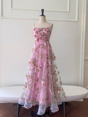 A-Line Straight Neck Tea-Length Light Blue Tulle Homecoming Dress with 3D Floral Appliqué