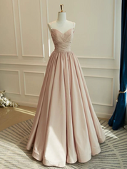 A-Line V Neck Taffeta Champagne Long Prom Dress, Champagne Long Evening Dress