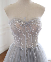 A-Line Sweetheart Floor-Length Gray Tulle Prom Dress with Illusion Beaded Bodice