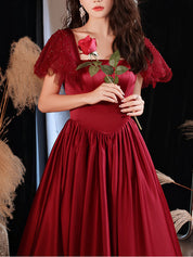 A-Line Square Neck Floor-Length Red Satin Prom Dress with Flutter Sleeves