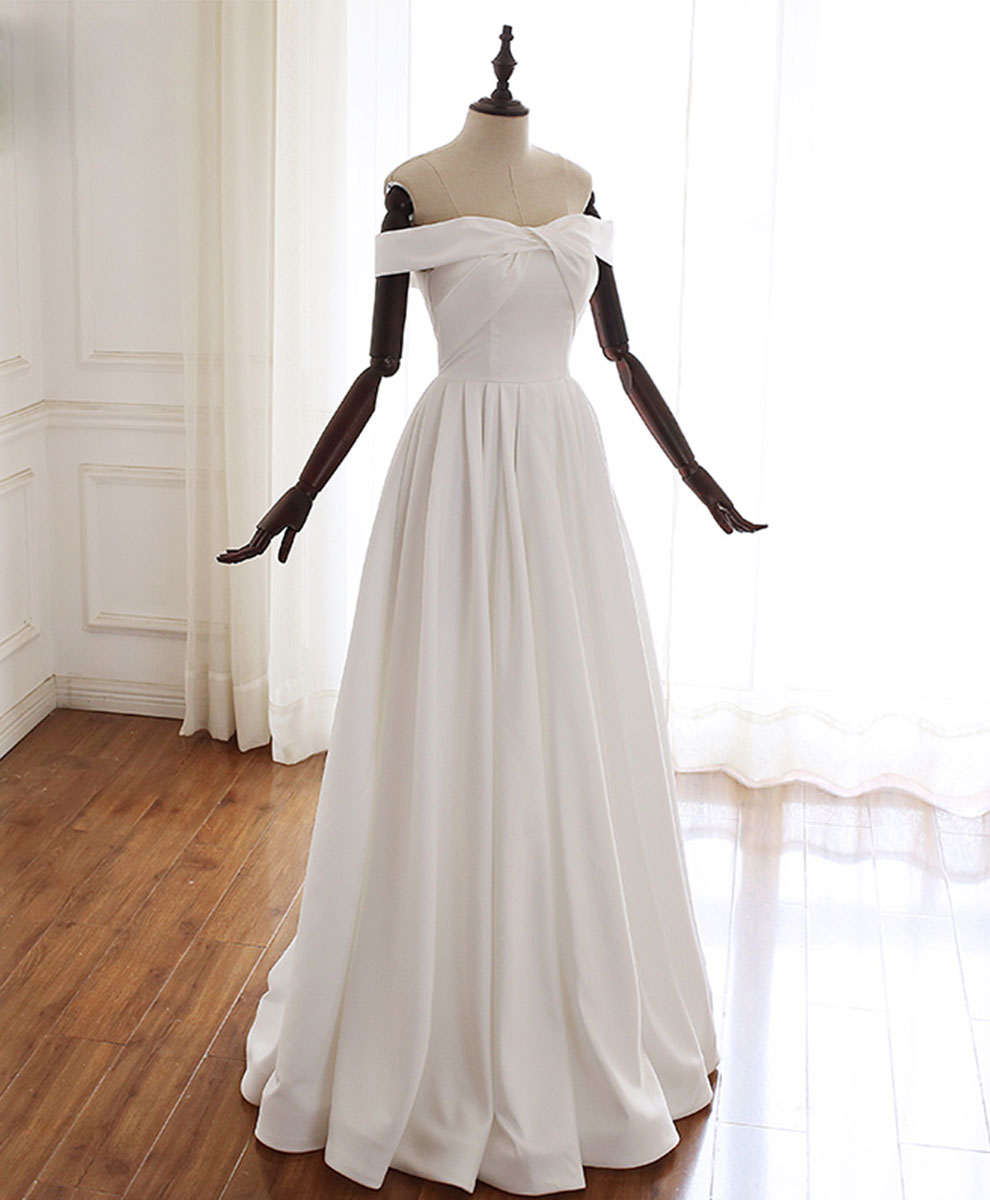 A-Line Ivory Off-the-Shoulder Floor-Length Satin Prom Dress with Draped Bodice