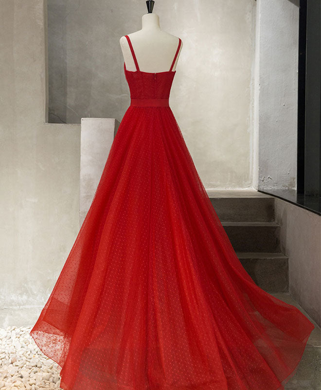 A-Line Spaghetti Straps Floor-Length Red Tulle Prom Dress with Dotted Texture & Waist Bow