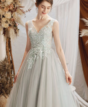 A-Line V-Neck Floor-Length Sage Green Tulle Prom Dress with Delicate Lace Appliqué