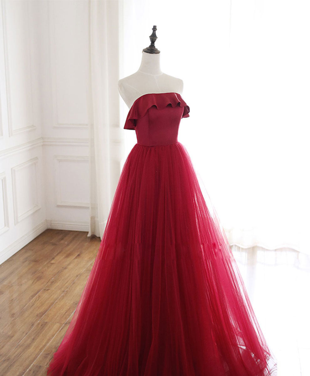 A-Line Off-the-Shoulder Floor-Length Red Tulle Prom Dress with Ruffle Neckline
