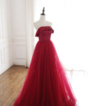 A-Line Off-the-Shoulder Floor-Length Red Tulle Prom Dress with Ruffle Neckline