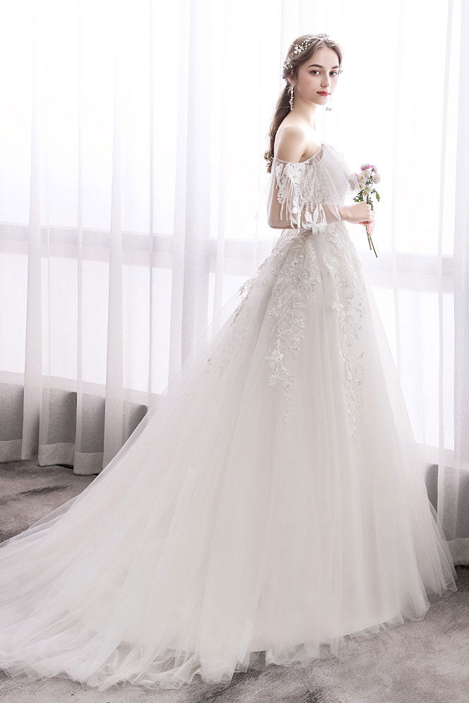 A-Line Sweetheart Neck Floor-Length Ivory Tulle & Lace Appliqué Prom Dress with Cold-Shoulder Sleeves