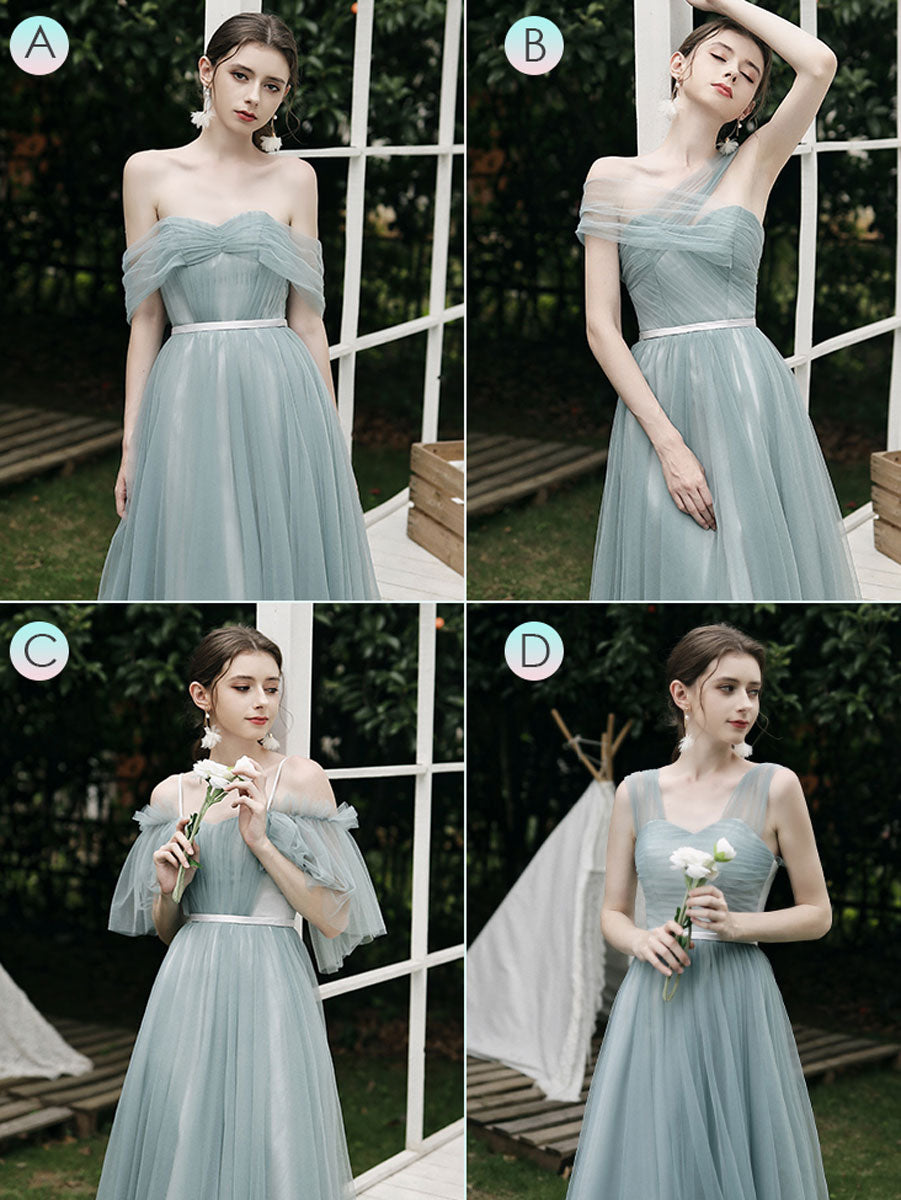 A-Line Dusty Blue One-Shoulder Floor-Length Tulle Prom Dress with Draped Bodice