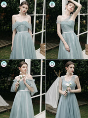 A-Line Dusty Blue One-Shoulder Floor-Length Tulle Prom Dress with Draped Bodice