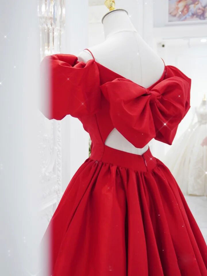 Red A-Line V Neck Floor-Length Satin Prom Dress with Puff Sleeves