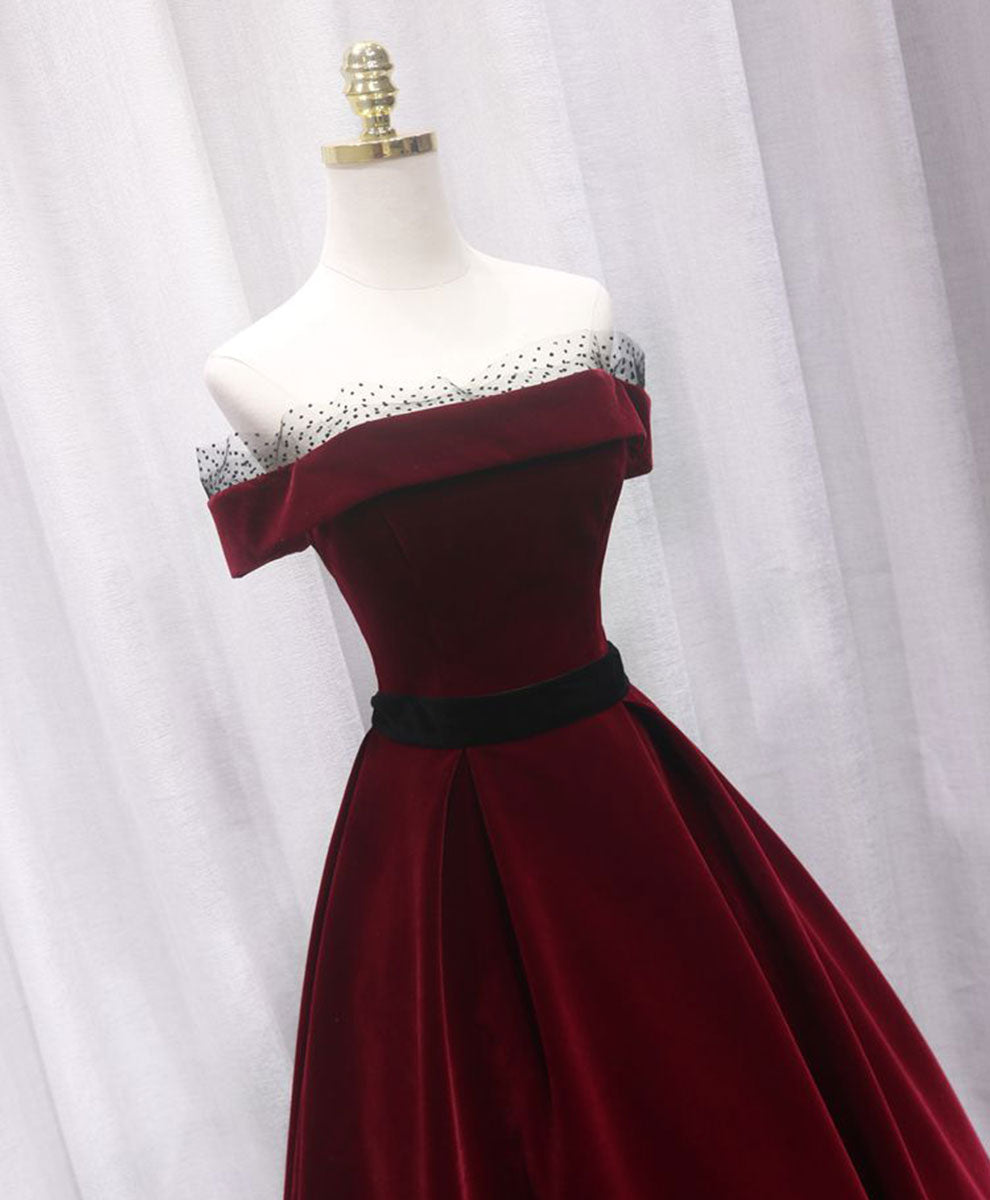 A-Line Burgundy Off-the-Shoulder Illusion Neck Floor-Length Velvet Prom Dress with Structured Pleated Skirt