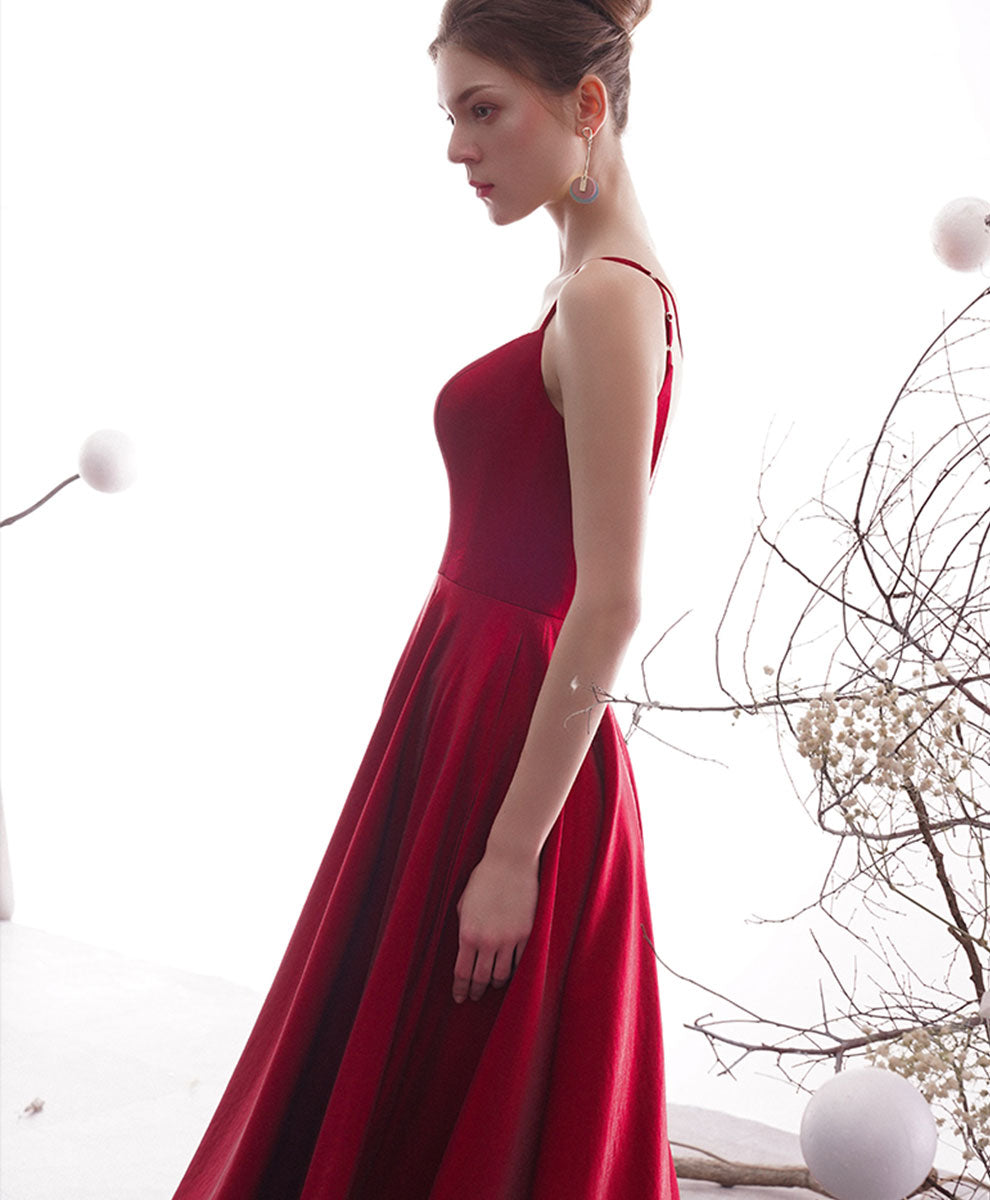 A-Line Red Square Neck Tea-Length Satin Prom Dress with Clean Pleated Skirt