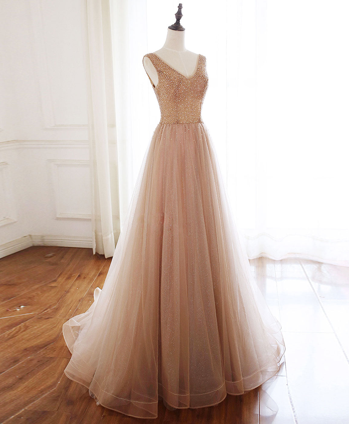 A-line V Neck Floor-Length Tulle & Lace Beaded Prom Dress