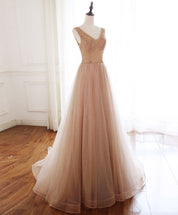 A-line V Neck Floor-Length Tulle & Lace Beaded Prom Dress