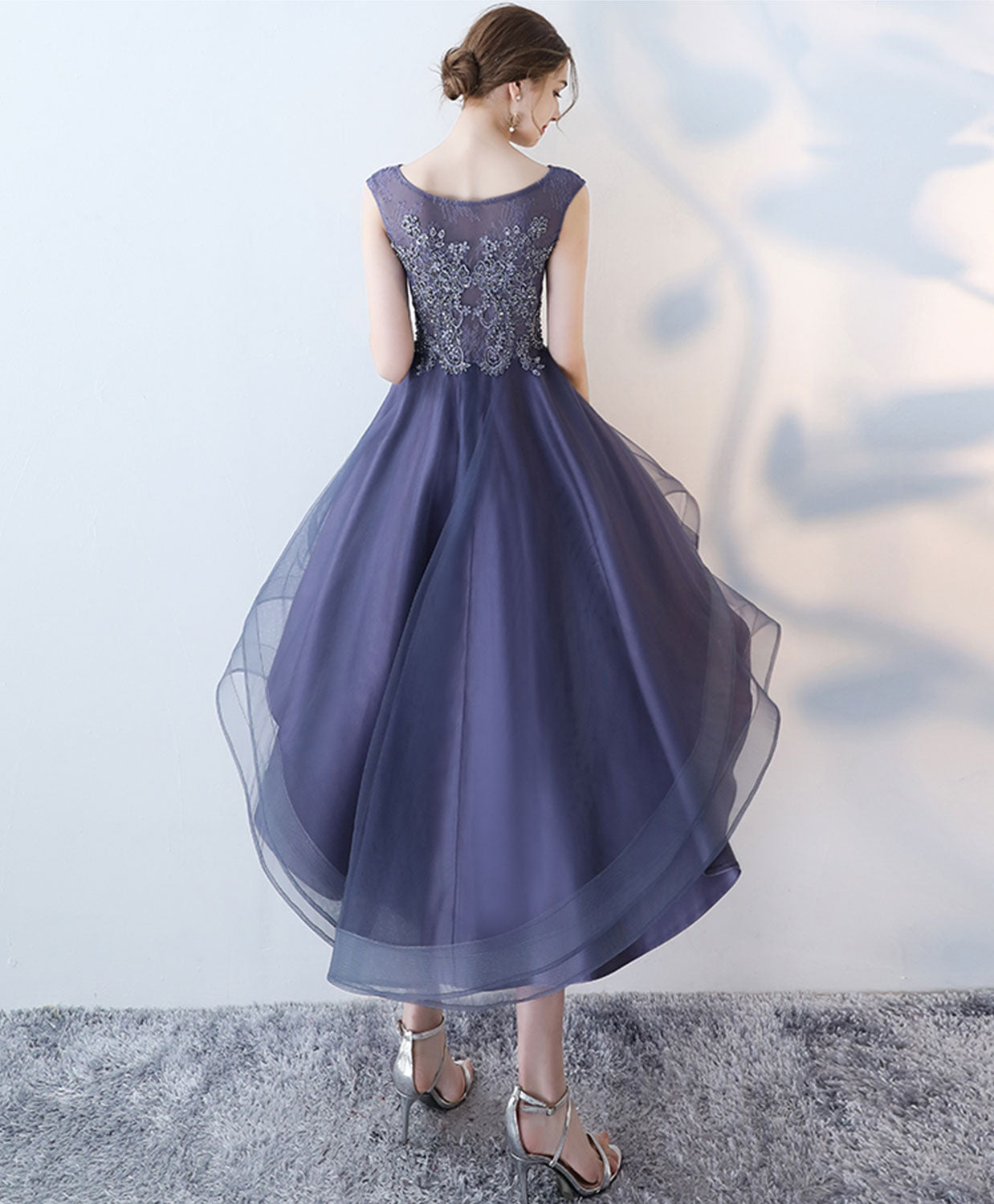 A-Line Sleeveless Scoop Neck High-Low Tulle Homecoming Dress With Beaded Lace Bodice