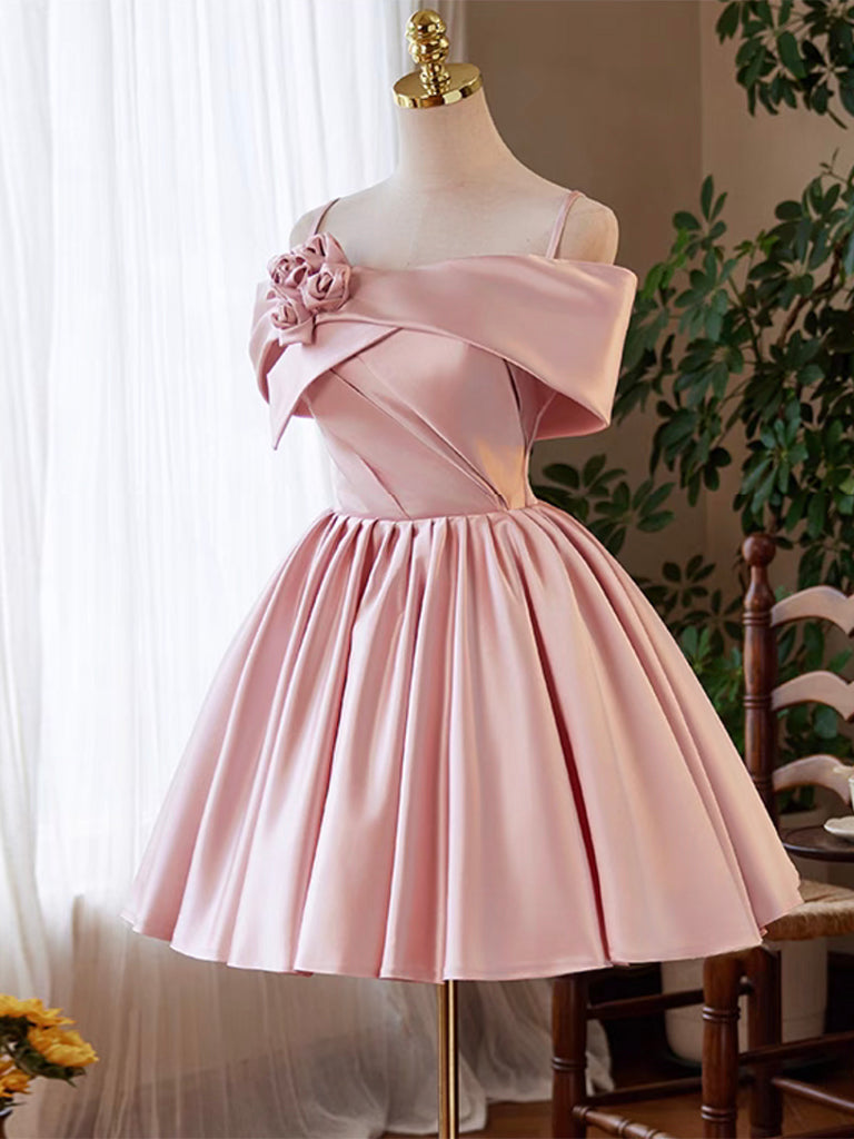A-line Off Shoulder Satin Pink Short Prom Dress, Pink Homecoming dress