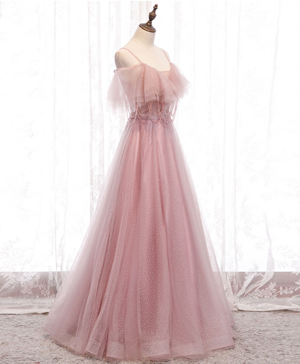 A-Line Blush Pink Spaghetti Straps Floor-Length Tulle Beaded Prom Dress with Ruffled Bodice