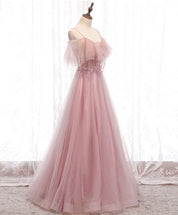 A-Line Blush Pink Spaghetti Straps Floor-Length Tulle Beaded Prom Dress with Ruffled Bodice