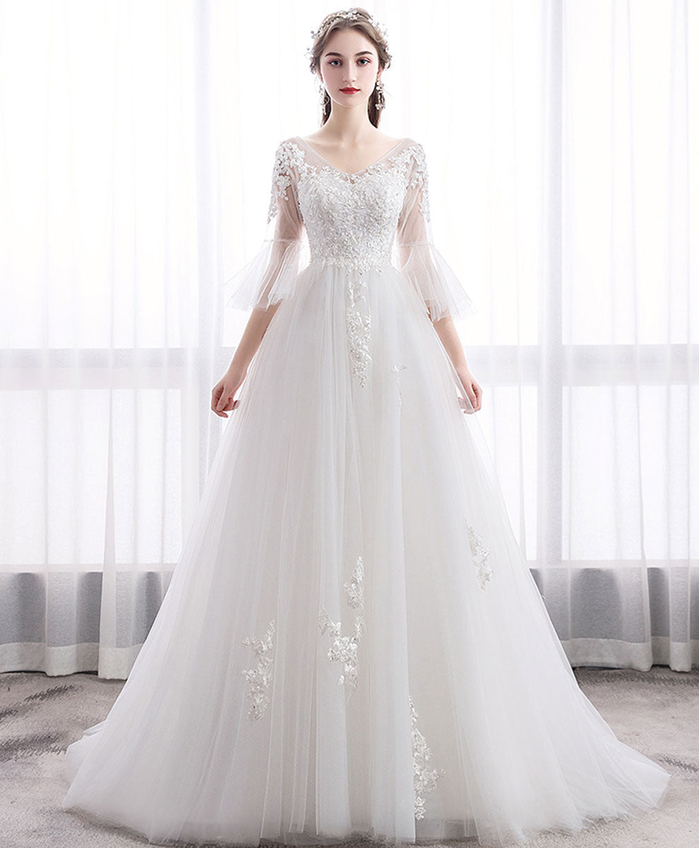 A-Line V-Neck Floor-Length White Tulle Lace Wedding Dress