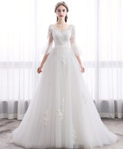 A-Line V-Neck Floor-Length White Tulle Lace Wedding Dress