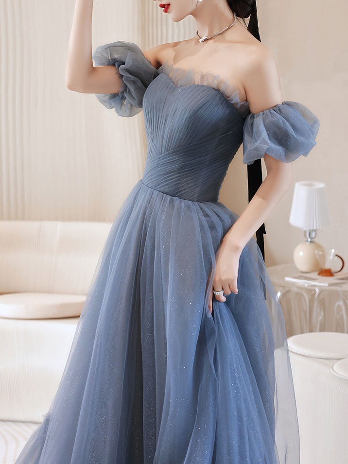 A-Line Sweetheart Neck Floor-Length Dusty Blue Tulle Prom Dress with Puff Sleeves
