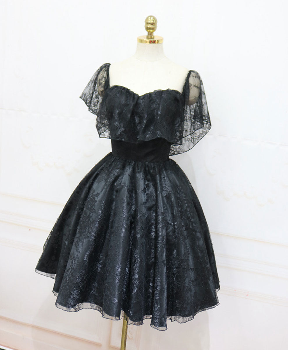 A-Line Off-the-Shoulder Knee-Length Black Tulle Lace Homecoming Dress with Soft Ruffle Overlay