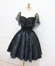 A-Line Off-the-Shoulder Knee-Length Black Tulle Lace Homecoming Dress with Soft Ruffle Overlay