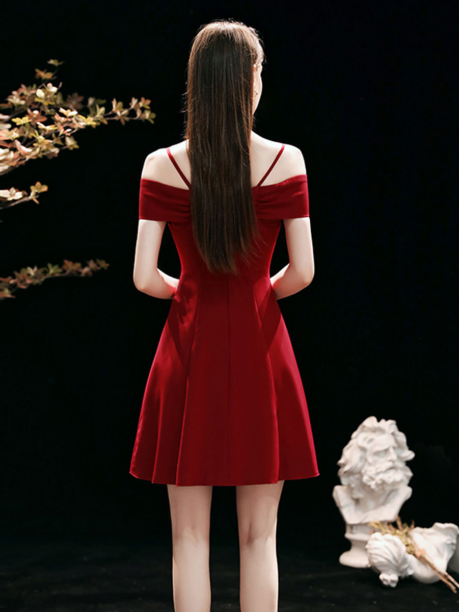 A-Line Sweetheart Knee-Length Red Satin Homecoming Dress with Off-the-Shoulder Straps