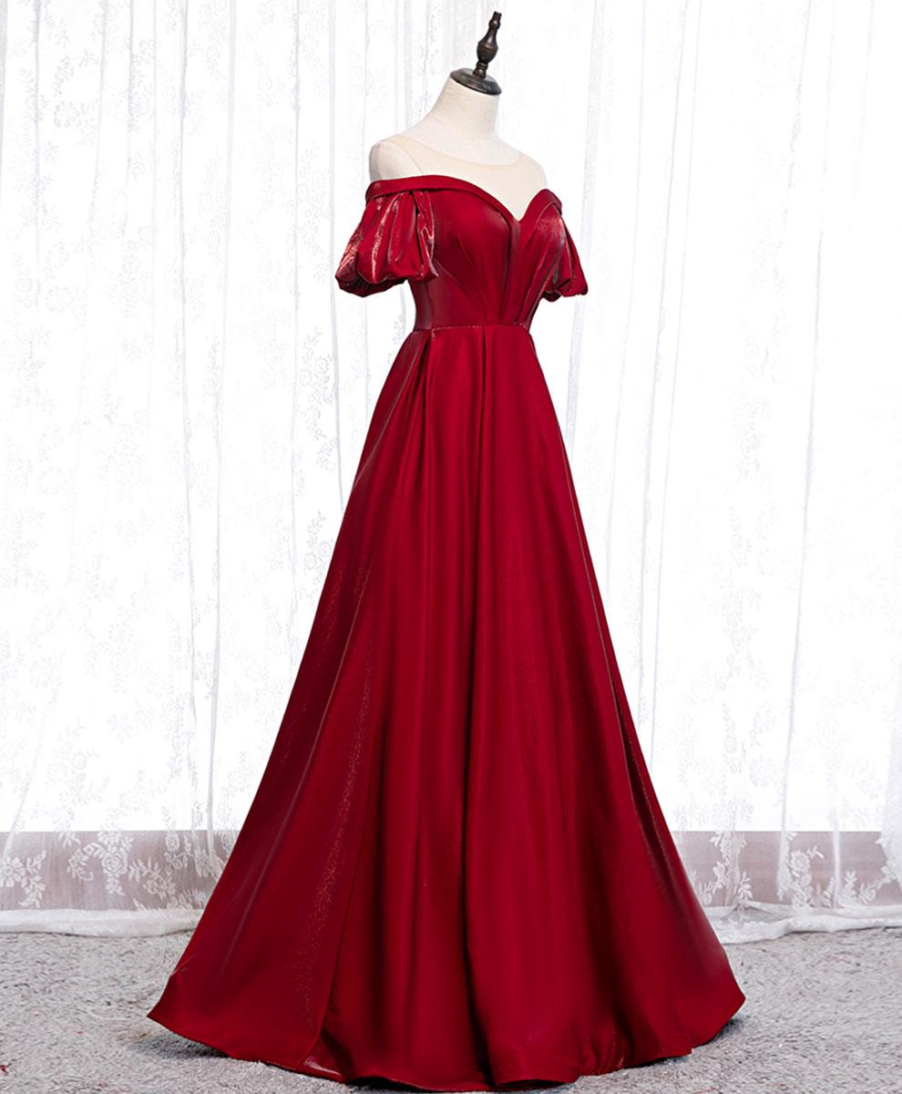 A-Line Burgundy Illusion Sweetheart Floor-Length Satin Prom Dress with Puff Sleeves and Structured Bodice