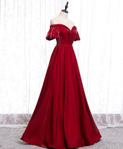 A-Line Burgundy Illusion Sweetheart Floor-Length Satin Prom Dress with Puff Sleeves and Structured Bodice