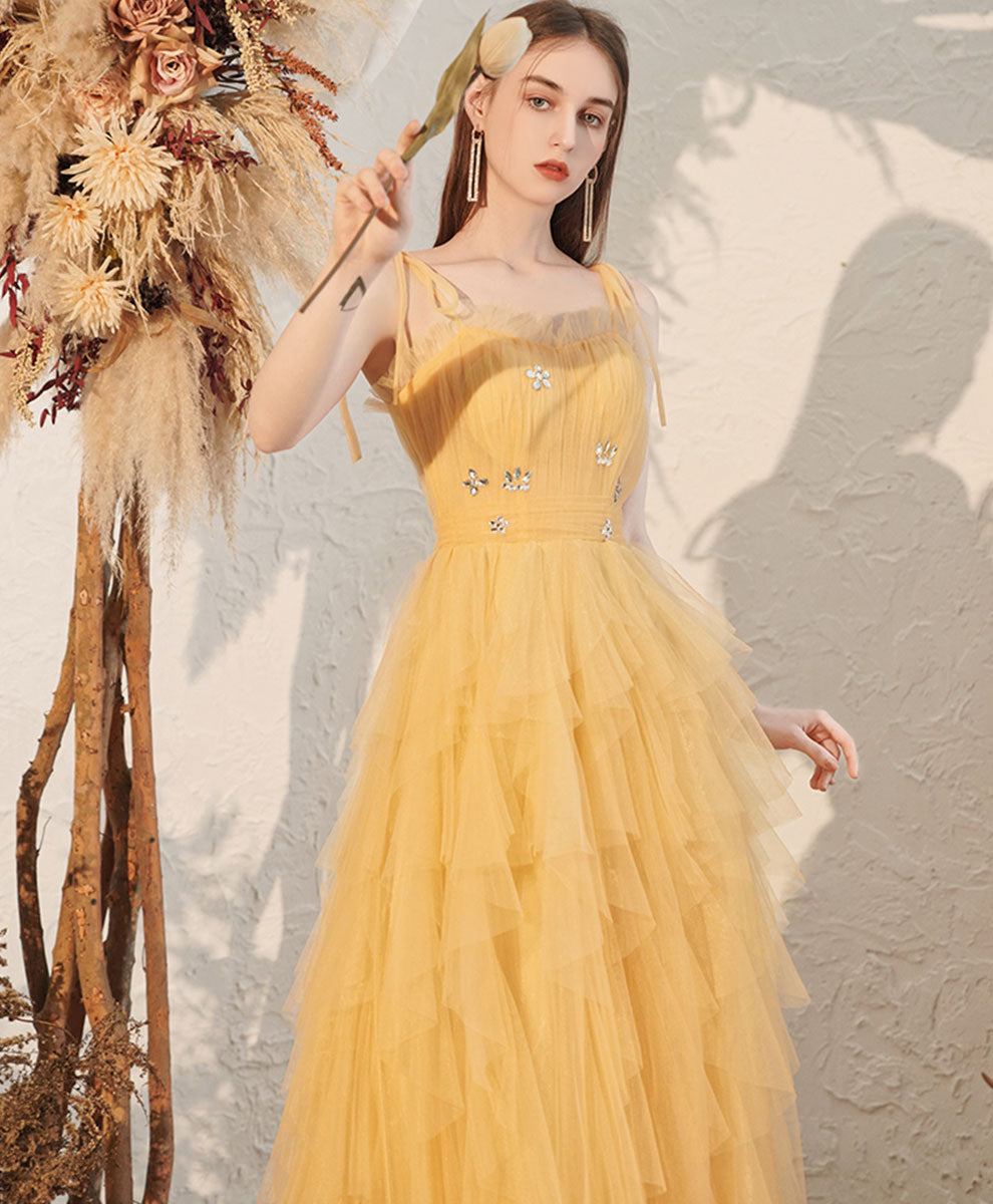 A-Line Yellow V Neck Floor-Length Tulle Prom Dress with Tiered Ruffle Skirt