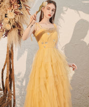 A-Line Yellow V Neck Floor-Length Tulle Prom Dress with Tiered Ruffle Skirt