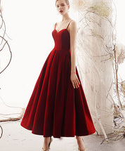 A-Line Sweetheart Neck Floor-Length Burgundy Velvet Prom Dress with Spaghetti Straps and Dramatic Full Skirt