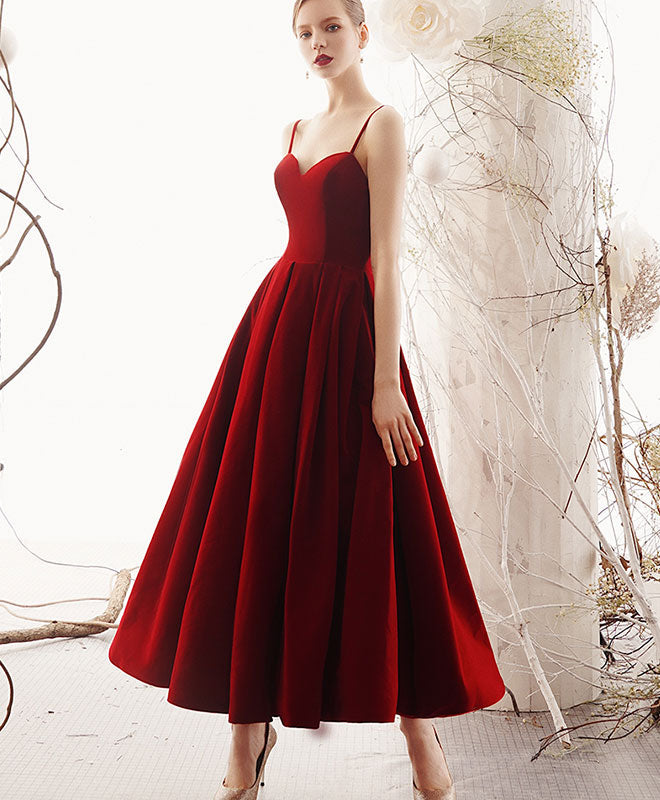 A-Line Sweetheart Neck Floor-Length Burgundy Velvet Prom Dress with Spaghetti Straps and Dramatic Full Skirt