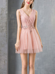 A-Line V-Neck Knee-Length Blush Tulle Homecoming Dress with Beaded Lace Bodice