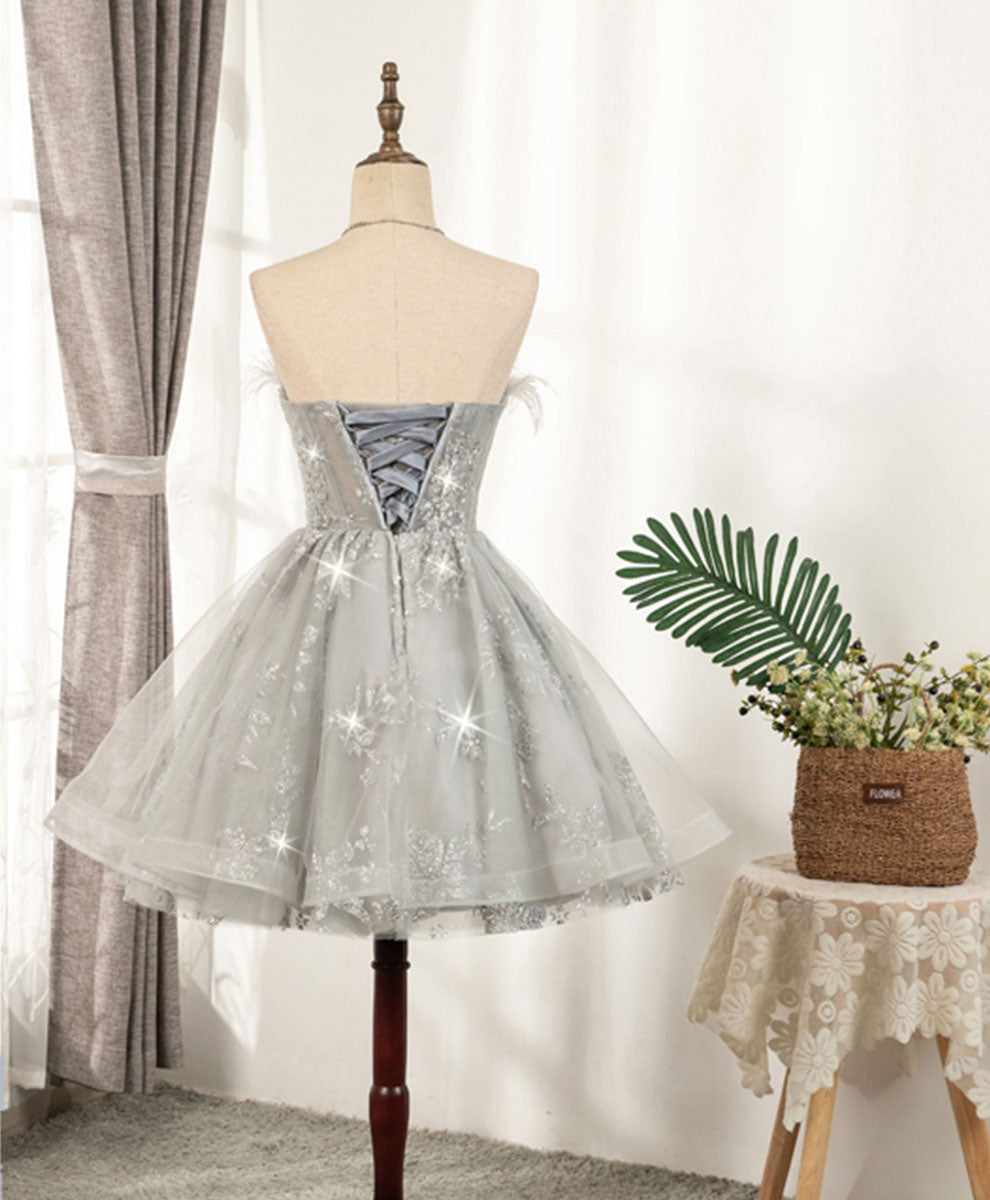 A-Line Straight Neck Short Silver Tulle Lace Homecoming Dress with Feather Trim and Sequin Sparkle
