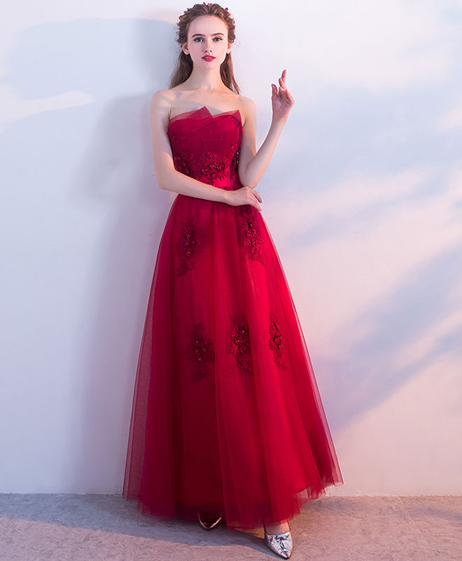 A-line Strapless Floor-Length Tulle Prom Dress with Lace Appliqué