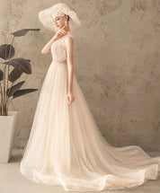 A-Line Illusion Halter Neck Floor-Length Champagne Tulle Lace Prom Dress