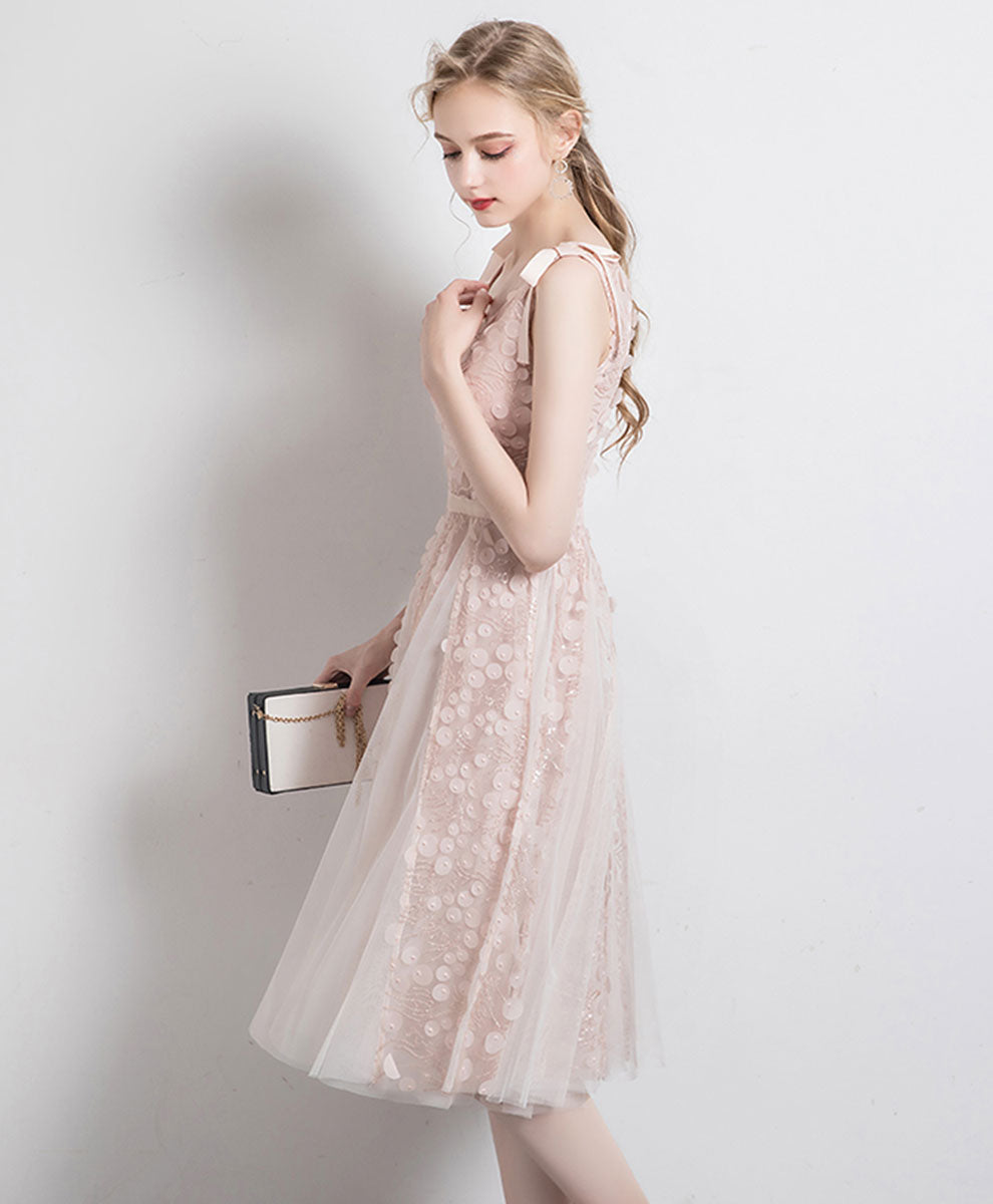 A-Line V-Neck Knee-Length Blush Tulle Lace Homecoming Dress with Textured Dot Overlay