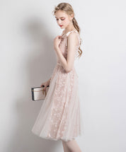 A-Line V-Neck Knee-Length Blush Tulle Lace Homecoming Dress with Textured Dot Overlay