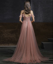 A-Line V-Neck Floor-Length Blush Tulle Beaded Prom Dress