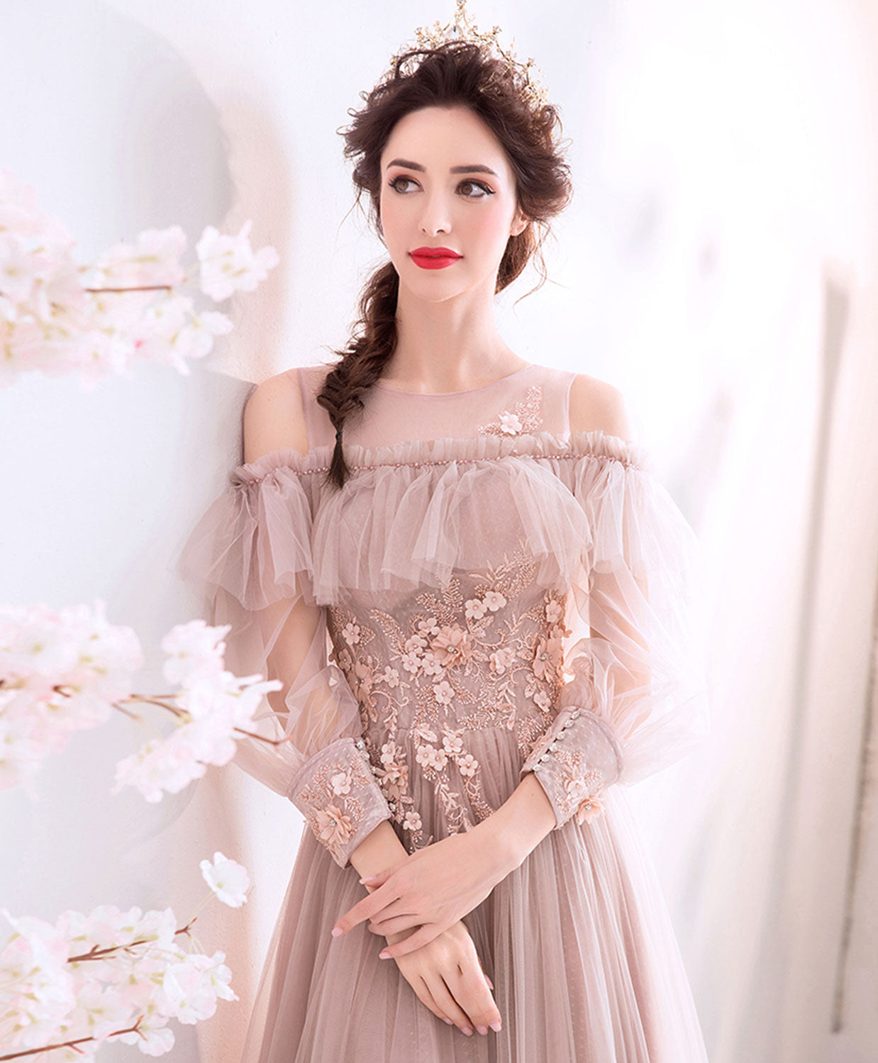 A-Line Off-the-Shoulder Floor-Length Blush Tulle & Lace Prom Dress with Long Sleeves and Floral Appliqué