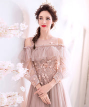A-Line Off-the-Shoulder Floor-Length Blush Tulle & Lace Prom Dress with Long Sleeves and Floral Appliqué